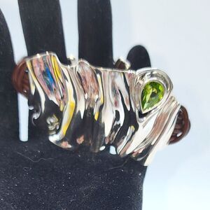 Hagit Sterling Silver Folds Leather Band 0.9 Gemstone Bracelet